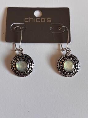 New with tag Chicos Silvertone dangle earrings with iridescent center
